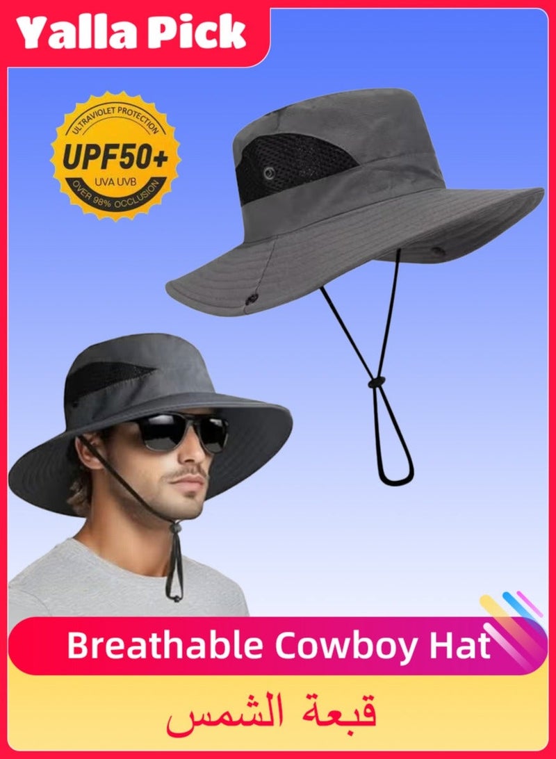 Yalla Pick Breathable Cowboy Hat, Sun Hat UV Protection,Wide Brim Boonie Hat for Men and Women,  Outdoor Fishing Hiking Beach(Grey) - Image 1