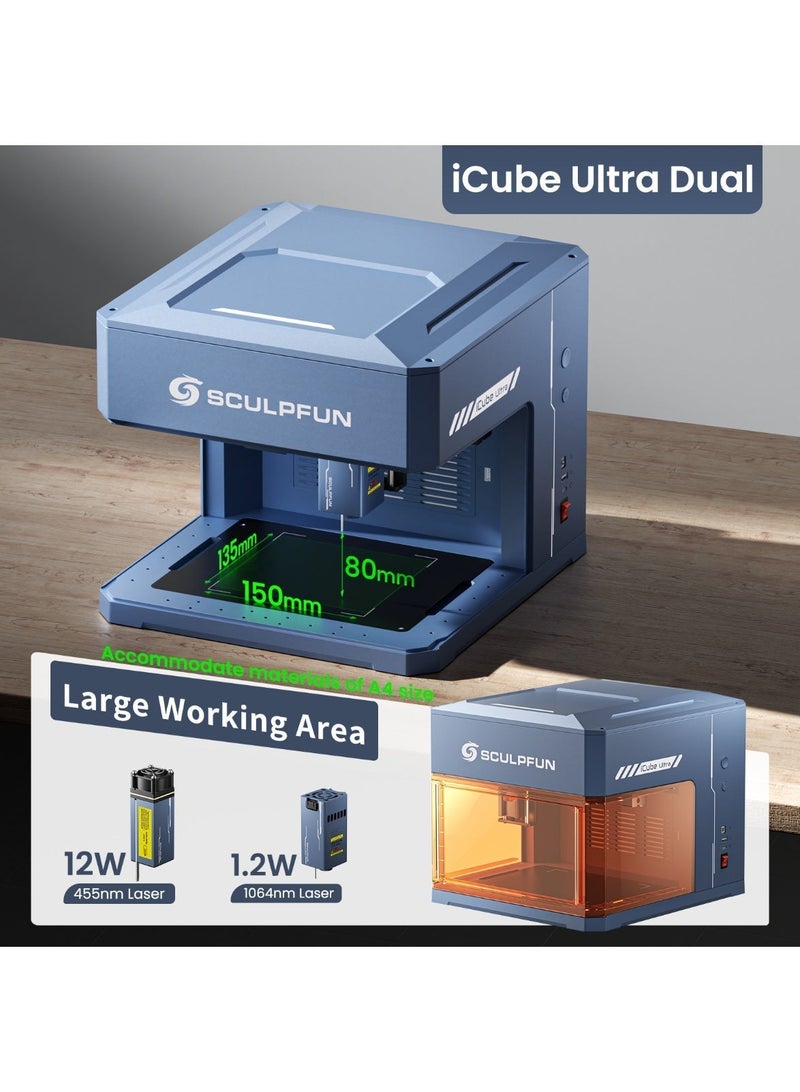 سكلبفون آلة النقش بالليزر المزدوجة SCULPFUN iCube Ultra، ديود 12 واط + أشعة تحت الحمراء 1.2 واط، وظيفة التركيز التلقائي، مزودة بفلتر دخان، آلة نقش مكتبية للمجوهرات والمعادن والخشب والجلد، مساحة عمل 5.9 × 5.3 بوصة - Image 2