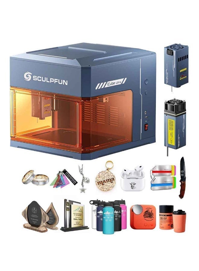 سكلبفون آلة النقش بالليزر المزدوجة SCULPFUN iCube Ultra، ديود 12 واط + أشعة تحت الحمراء 1.2 واط، وظيفة التركيز التلقائي، مزودة بفلتر دخان، آلة نقش مكتبية للمجوهرات والمعادن والخشب والجلد، مساحة عمل 5.9 × 5.3 بوصة - Image 1