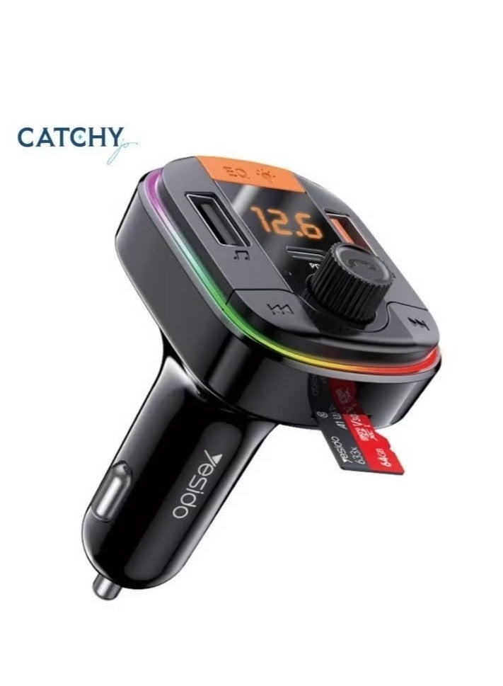 CATCHY Y45 Bluetooth 5.0 Car Charger FM Transmitter with Dual USB Fast Charging Ports, Digital Voltage Display, Hands-Free Calling, HiFi Music Playback, RGB LED Light, Smart Voltage Monitoring & FM Radio Support – Works with iPhone, Samsung & Android Devices - Image 1