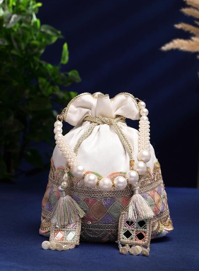 Anekaant Dangle White & Multi Lace Embellished Faux Silk Potli - Image 2