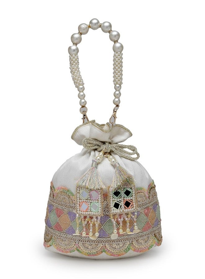 Anekaant Dangle White & Multi Lace Embellished Faux Silk Potli - Image 1