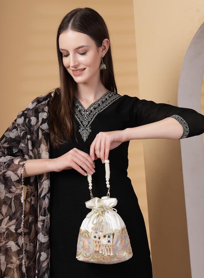 Anekaant Dangle White & Multi Lace Embellished Faux Silk Potli - Image 3