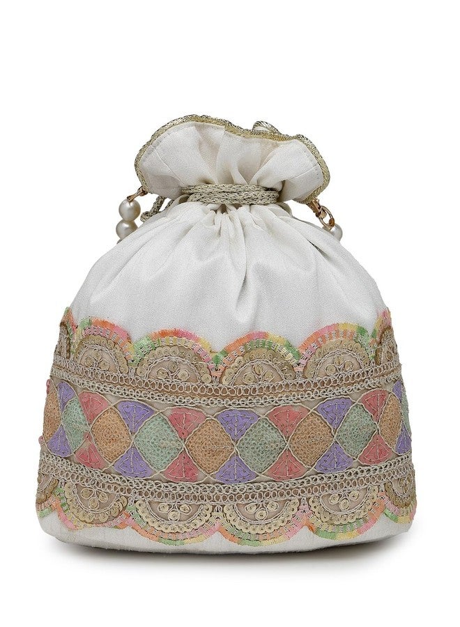 Anekaant Dangle White & Multi Lace Embellished Faux Silk Potli - Image 5