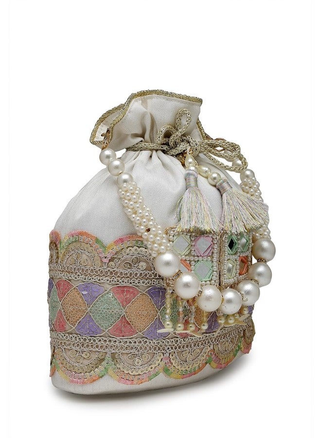 Anekaant Dangle White & Multi Lace Embellished Faux Silk Potli - Image 4