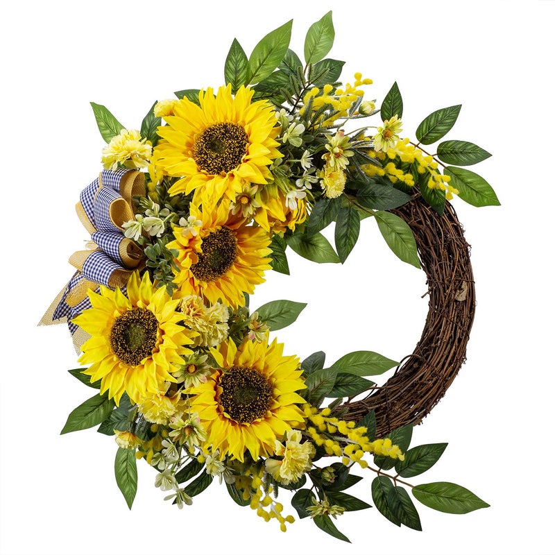 WANNACUL 18 Inch Spring Wreaths for Front Door with Yellow SunflowersSummer Door Wreath with Daisy and Linen RibbonValentines Day WreathMothers Day Wreath for Wall or Home Decoration