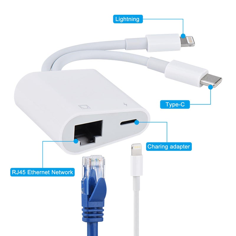 Giochem Lightning and USB C to Ethernet Adapter,2 in 1 RJ45 Ethernet LAN Network Adapter with Charge Port Compatible with iPhone/iPad/iPod/Samsung and More,Supports 100Mbps Plug and Play - Image 3