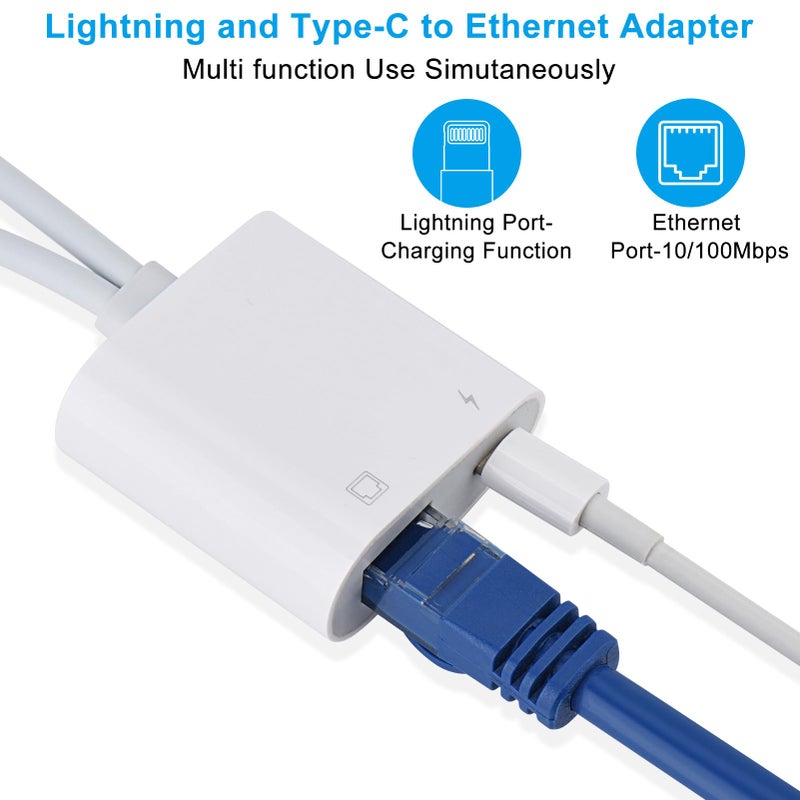 Giochem Lightning and USB C to Ethernet Adapter,2 in 1 RJ45 Ethernet LAN Network Adapter with Charge Port Compatible with iPhone/iPad/iPod/Samsung and More,Supports 100Mbps Plug and Play - Image 2