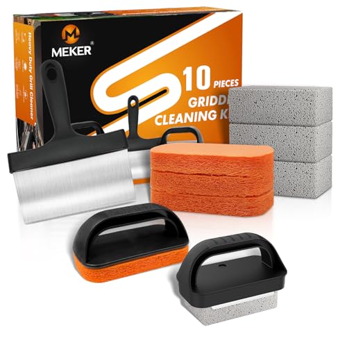 MEKER Griddle Cleaning Kit for Blackstone, Flat Top Grill Cleaning Kit with Grill Stone, Upgraded Scouring Pads & Griddle Scraper & Brush with Handle - Easy to Remove Stain (10 PCS) - Image 1