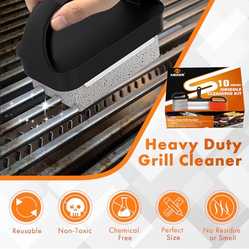 MEKER Griddle Cleaning Kit for Blackstone, Flat Top Grill Cleaning Kit with Grill Stone, Upgraded Scouring Pads & Griddle Scraper & Brush with Handle - Easy to Remove Stain (10 PCS) - Image 4