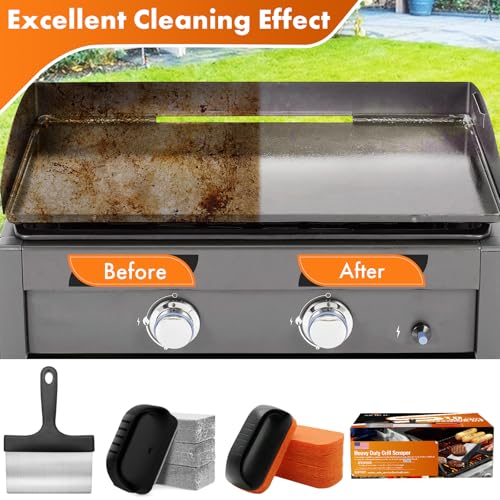 MEKER Griddle Cleaning Kit for Blackstone, Flat Top Grill Cleaning Kit with Grill Stone, Upgraded Scouring Pads & Griddle Scraper & Brush with Handle - Easy to Remove Stain (10 PCS) - Image 5
