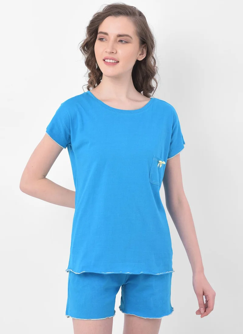 Clovia Clovia Chic Basic Top & Shorts Set in Light Blue - 100% Cotton