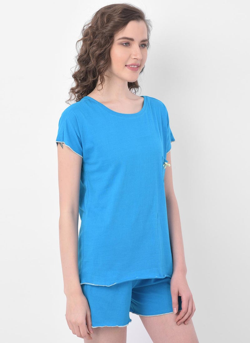 Clovia Chic Basic Top & Shorts Set in Light Blue - 100% Cotton - Image 3