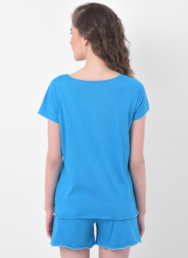 Clovia Chic Basic Top & Shorts Set in Light Blue - 100% Cotton - Image 4