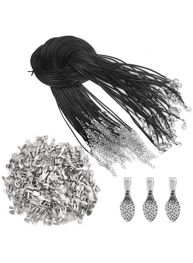 lyfLux Set of 150, Black Waxed Necklace Cord and Spoon DIY Oval Glue on Bails Pendants, lyfLux 50 Pcs Necklace Cord Bulk (20 Inch) and 100 Pcs Small Spoon Bail Earring Charms(15x5mm) for Jewelry Making - Image 1