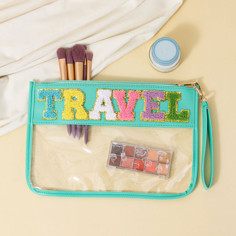 Cross-border Exclusive Explosive Towel Embroidered Letter Transparent PVC Cosmetic Bag PU Portable Storage Bag Sniffer Bag Envelope Bag Mint Green (TRAVEL)