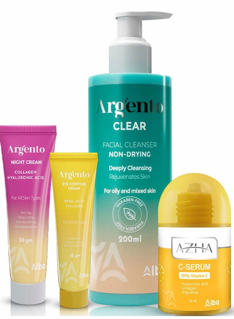 ARGENTO Argento 4-Piece Complete Care Set: Clear Cleanser 200ml, Night Cream, Eye Cream, and Vitamin C Serum  - Image 1
