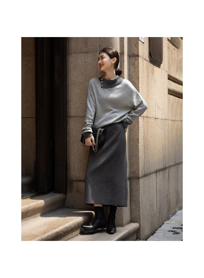 dme Demana [fa She Impression] Winter Irregular Colorblock Lapel Sweater With Metal Buttons Wool Blend Knit Top For Women - Image 2