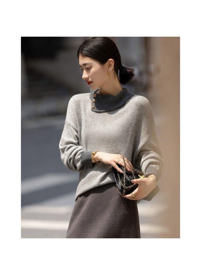 dme Demana [fa She Impression] Winter Irregular Colorblock Lapel Sweater With Metal Buttons Wool Blend Knit Top For Women - Image 4