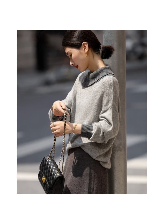 dme Demana [fa She Impression] Winter Irregular Colorblock Lapel Sweater With Metal Buttons Wool Blend Knit Top For Women - Image 1