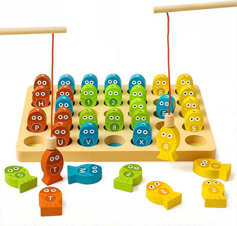 EDUTREE Wooden Magnetic Fishing Game – Montessori Fishing Toy with ABC Alphabet & Numbers, Fine Motor Skill & Preschool Educational Toy for Toddlers, Ideal Gift for Kids Ages 3-5 (2 Poles) - Image 1
