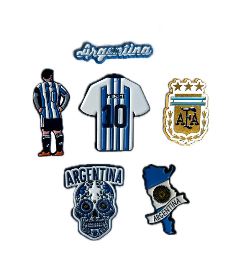 6 pieces of Metal stickers - Argentina Text logo and Lionel Messi logo and Argentina jersey number 10 logo and Argentine Football Association and geographical map outline of Argentina and Argentina Sugar Skull- Premium Quality Metal for Mobile, Laptop, Backpacks and more. - Image 1