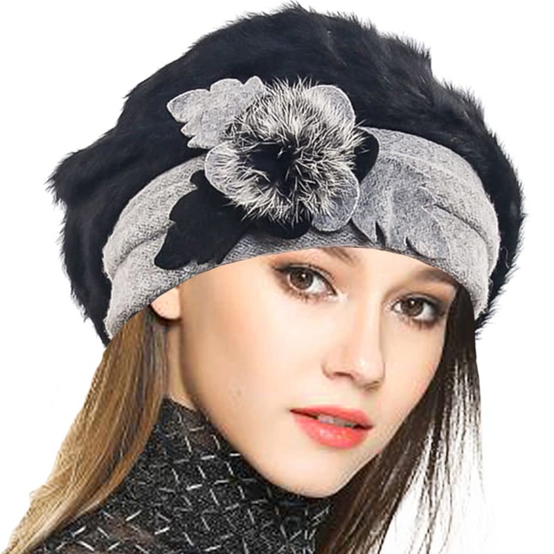 VECRY Lady French Beret 100% Wool Beret Floral Dress Beanie Winter Hat (1 Black) - Image 1
