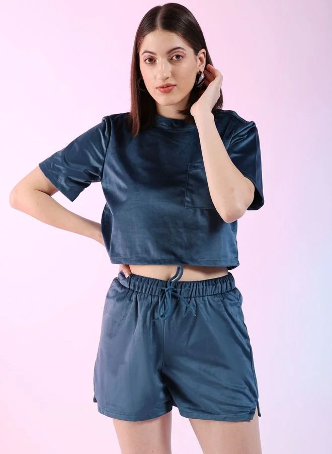Women Regular Fit Solid Short Sleeve Mid Rise Round Neck Top With Shorts Lounge Set
