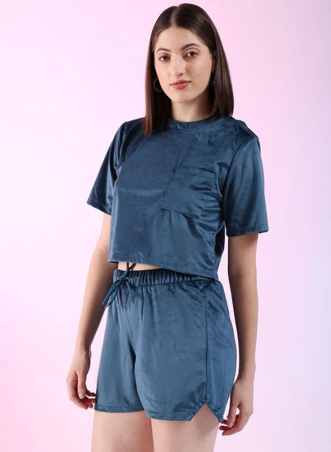 Freehand  Women Regular Fit Solid Short Sleeve Mid Rise Round Neck Top With Shorts Lounge Set  | Best Price UAE
