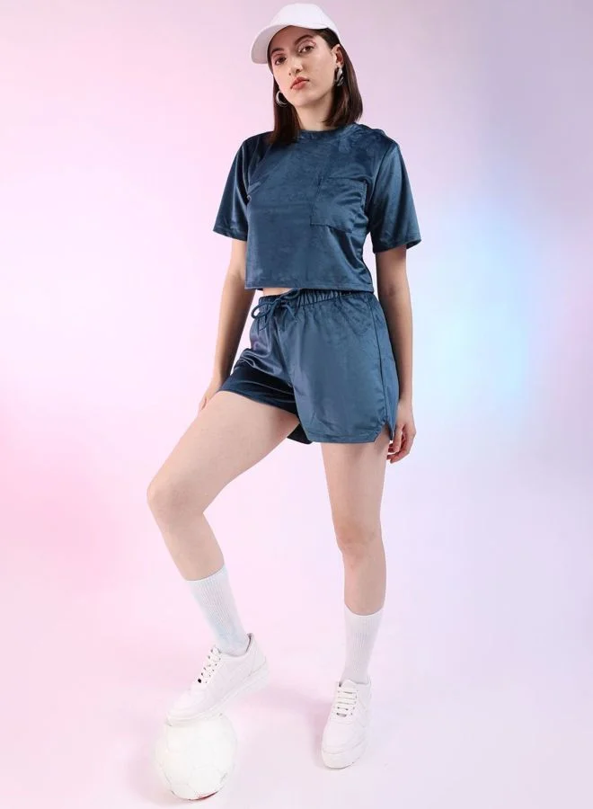 Freehand  Women Regular Fit Solid Short Sleeve Mid Rise Round Neck Top With Shorts Lounge Set  | Best Price UAE