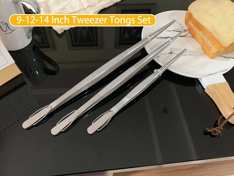 JETKONG Extra Long Kitchen Tweezers Heavy Duty Stainless Steel Cooking Tweezers, Set of 3 (9 12 14 Inch, Silver) - Image 2