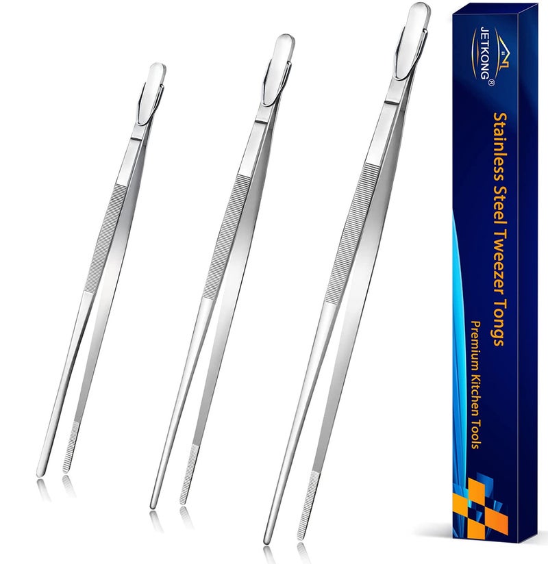 JETKONG Extra Long Kitchen Tweezers Heavy Duty Stainless Steel Cooking Tweezers, Set of 3 (9 12 14 Inch, Silver) - Image 1