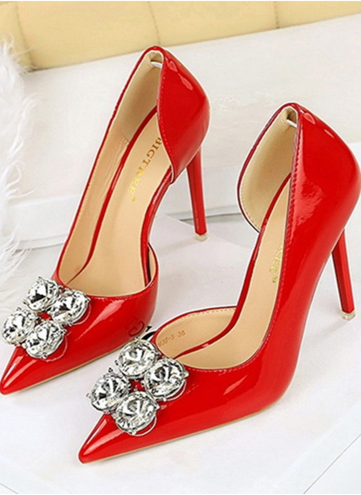 BIGTREE Women's Closed Pointed Toe Stiletto Pump Rhinestone Decoration High Heels Red 10.5 CM  - Image 1