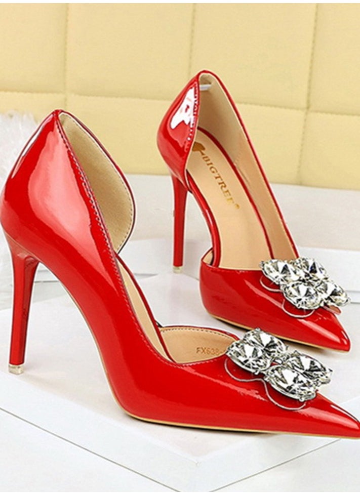 BIGTREE Women's Closed Pointed Toe Stiletto Pump Rhinestone Decoration High Heels Red 10.5 CM  - Image 2