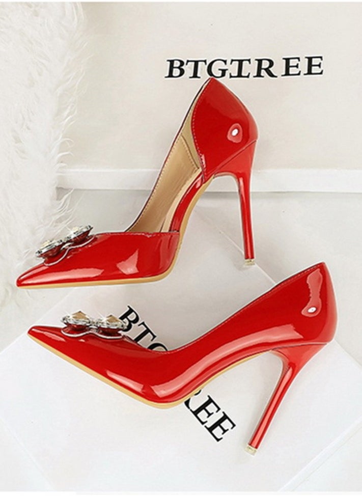 BIGTREE Women's Closed Pointed Toe Stiletto Pump Rhinestone Decoration High Heels Red 10.5 CM  - Image 3