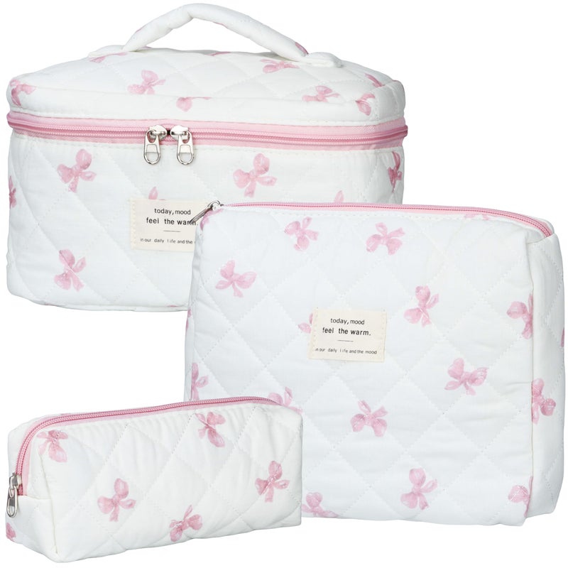 TESAFNG Quilted Makeup Bag Set 3 PCS Cute Floral Cotton Makeup Bag Large Coquette Aesthetic Make up Cosmetic Bag Flower Travel Toiletry Organizer Bags for Women Girls - Image 2