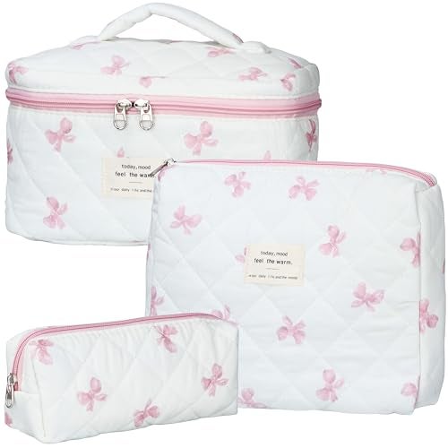 TESAFNG Quilted Makeup Bag Set 3 PCS Cute Floral Cotton Makeup Bag Large Coquette Aesthetic Make up Cosmetic Bag Flower Travel Toiletry Organizer Bags for Women Girls - Image 1