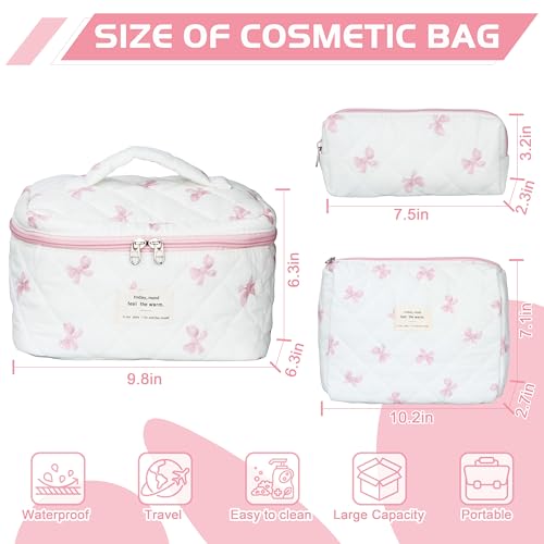 TESAFNG Quilted Makeup Bag Set 3 PCS Cute Floral Cotton Makeup Bag Large Coquette Aesthetic Make up Cosmetic Bag Flower Travel Toiletry Organizer Bags for Women Girls - Image 3