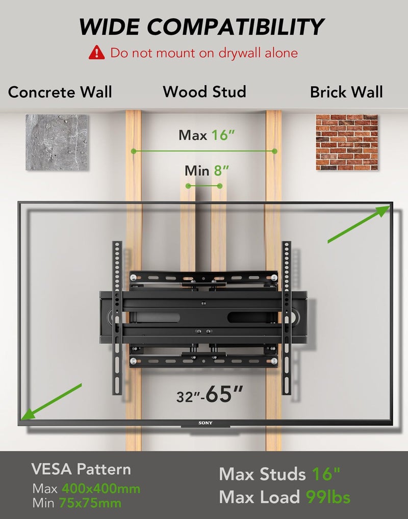 AX WABER TV Wall Mount Bracket for 32-65 Inch TV Full Motion Dual Articulating Arm with Swivel & Tilt, Max VESA 400x400mm，Fits 8” 12” 16" Studs, Supports 99 lbs for Flat & Curved Screens AX02MB01﻿ - Image 2