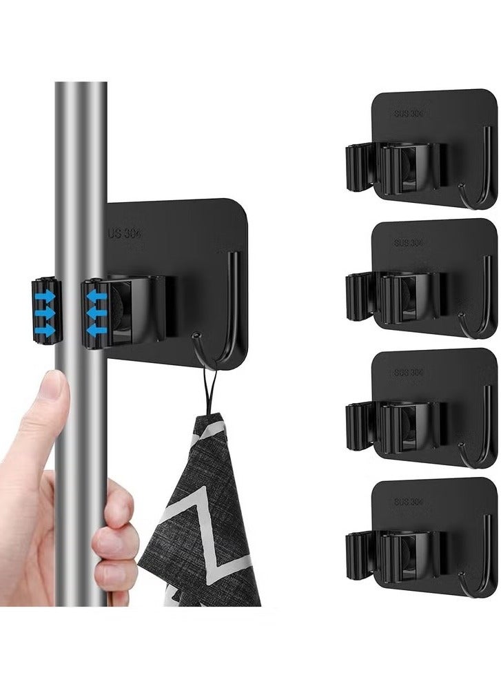 4 Piece Mop Broom Holder No Drill, Mop Broom Organizer Wall Mounted Heavy Duty with Hooks Hanger, Self Adhesive Stainless Steel for Bathroom, Kitchen, Office,Black. - Image 1