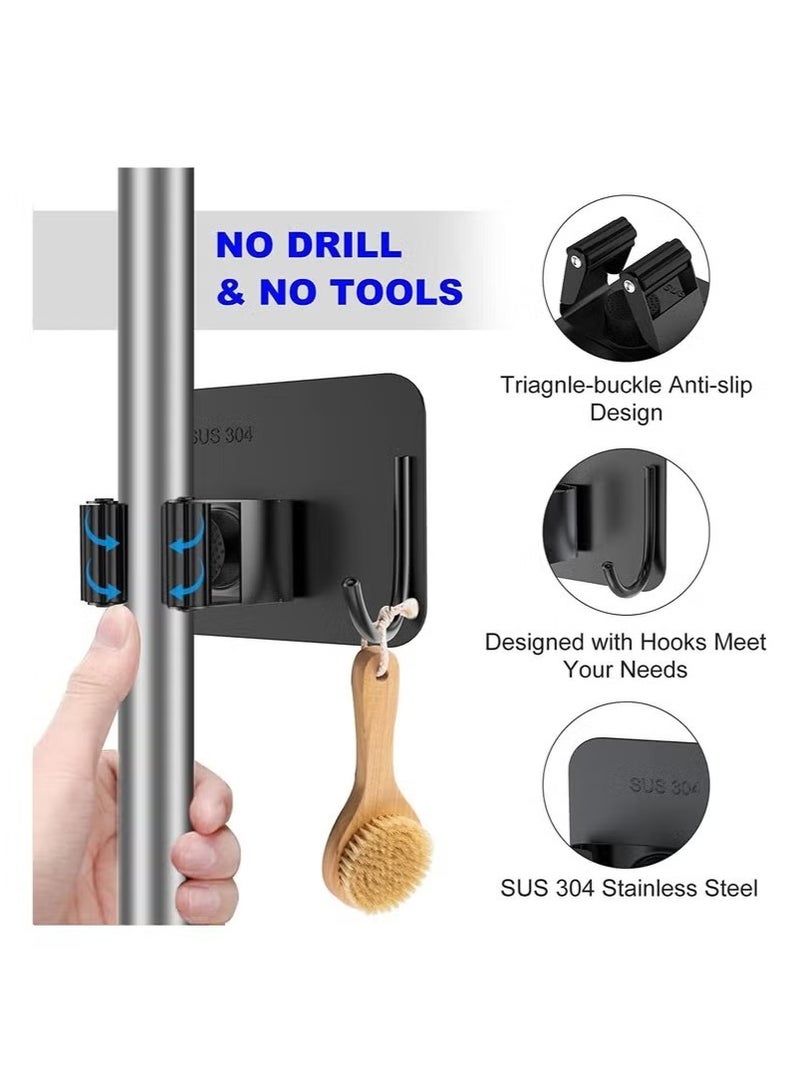 4 Piece Mop Broom Holder No Drill, Mop Broom Organizer Wall Mounted Heavy Duty with Hooks Hanger, Self Adhesive Stainless Steel for Bathroom, Kitchen, Office,Black. - Image 3