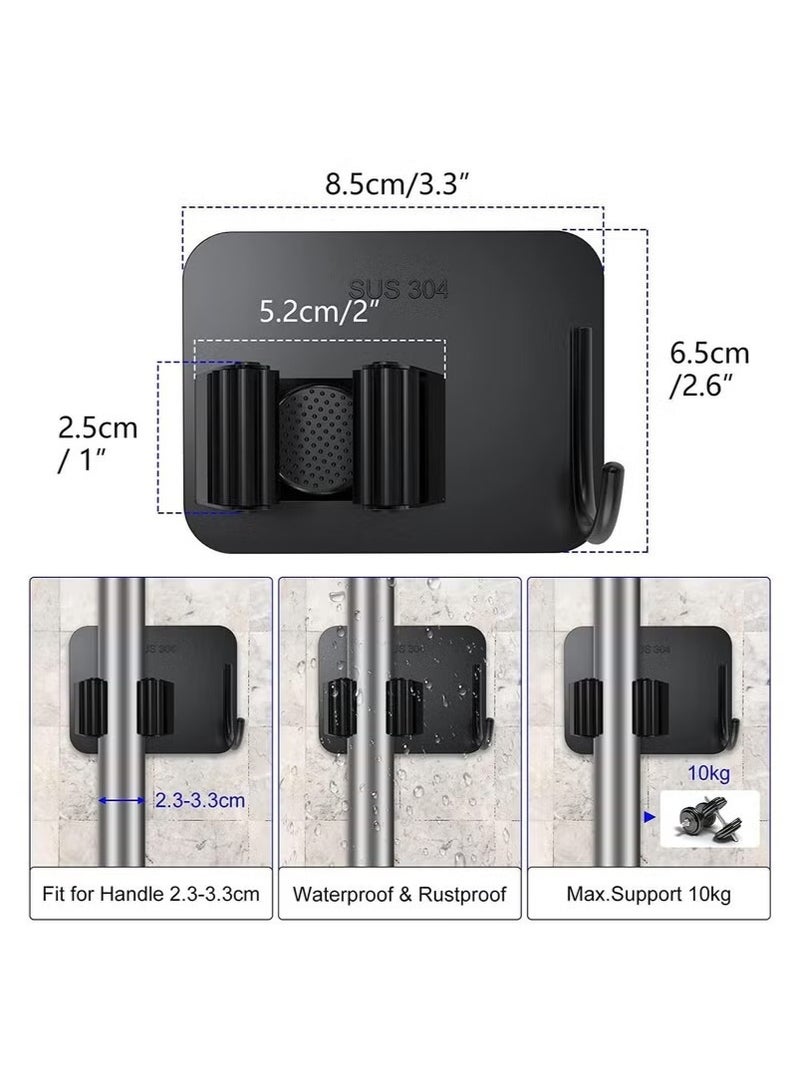 4 Piece Mop Broom Holder No Drill, Mop Broom Organizer Wall Mounted Heavy Duty with Hooks Hanger, Self Adhesive Stainless Steel for Bathroom, Kitchen, Office,Black. - Image 2