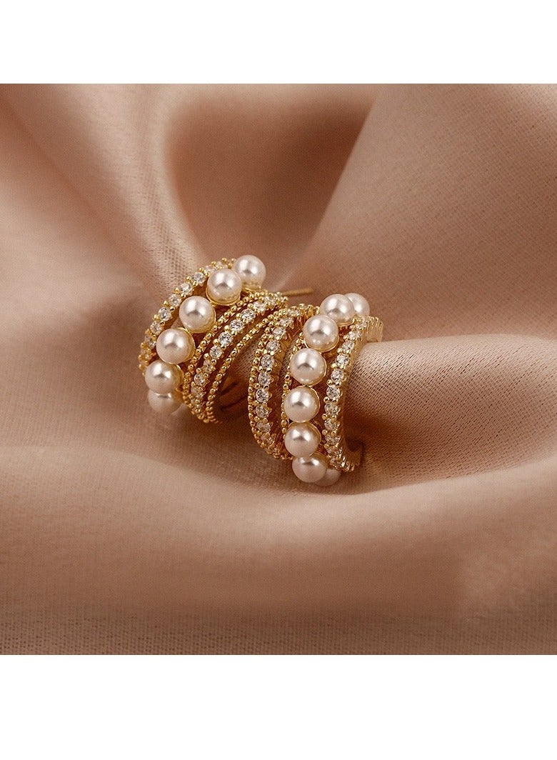 أقراط اللؤلؤ هوب Ins الفاخرة الأنيقة الماس الأذن ترصيع S925 إبرة فضية للنساء الفتيات الذهب - Image 1