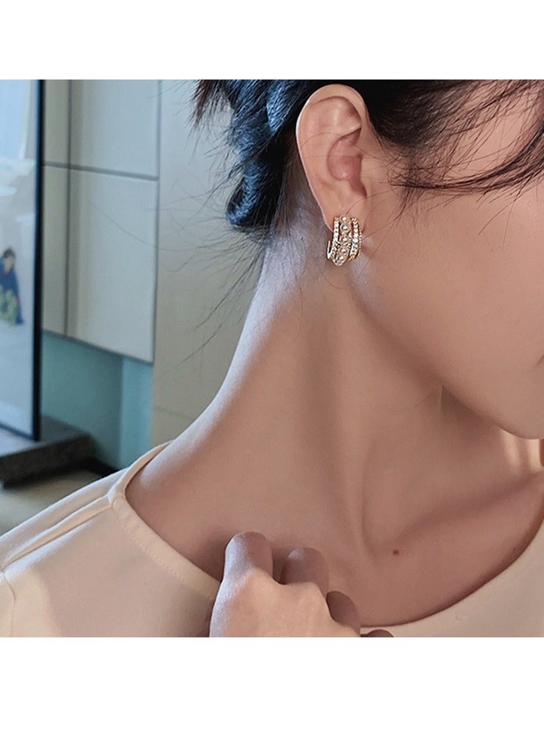 أقراط اللؤلؤ هوب Ins الفاخرة الأنيقة الماس الأذن ترصيع S925 إبرة فضية للنساء الفتيات الذهب - Image 2