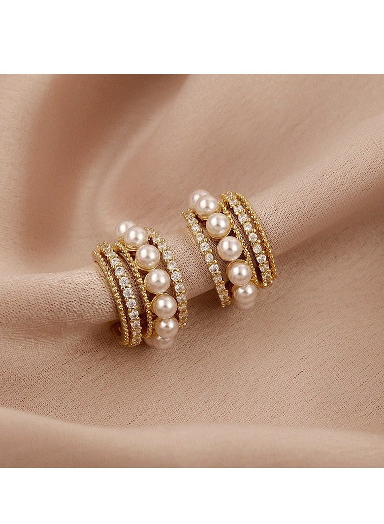 أقراط اللؤلؤ هوب Ins الفاخرة الأنيقة الماس الأذن ترصيع S925 إبرة فضية للنساء الفتيات الذهب - Image 3