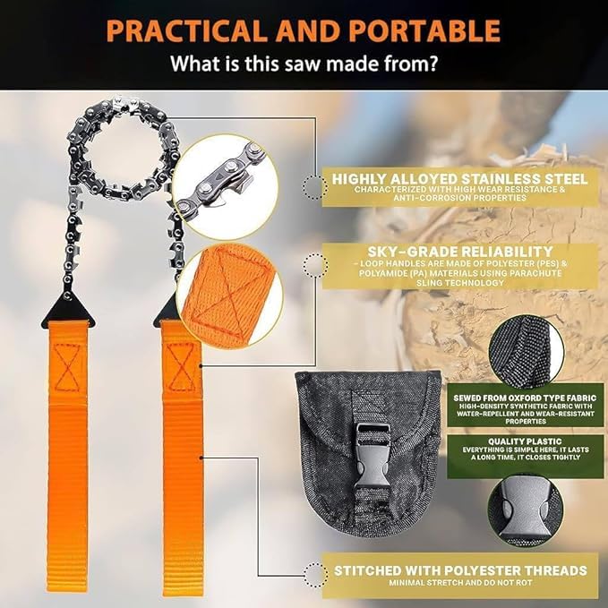 Bindex Bindex Outdoor Pocket Chainsaw24 Inch Compact Folding Hand Saw Tool With with Orange StrapsEmergency Outdoor Survival Gear for Camping Hunting Hiking Cutting Wood Tree  - Image 2