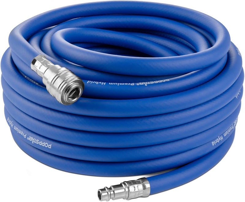 Poppstar Air Compressor Hose 15 m (PVC Hybrid with Fabric, Inner Diameter 9.2 mm with Quick Coupling and Hose Connector) up to 20 bar, Blue - Image 1