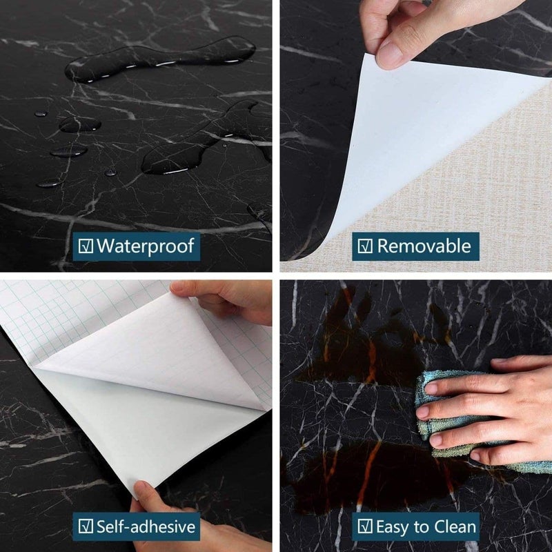 VHD Sales Kitchen Sheets for Shelves Waterproof Wallpaper Cupboard mats roll for Wardrobe Anti Slip mat for Kitchen Cabinet Shelf Liners Sheet roll for Floor Platform Fridge (Black Marble Paper) - Image 2