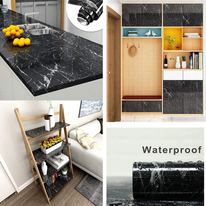 VHD Sales Kitchen Sheets for Shelves Waterproof Wallpaper Cupboard mats roll for Wardrobe Anti Slip mat for Kitchen Cabinet Shelf Liners Sheet roll for Floor Platform Fridge (Black Marble Paper) - Image 3
