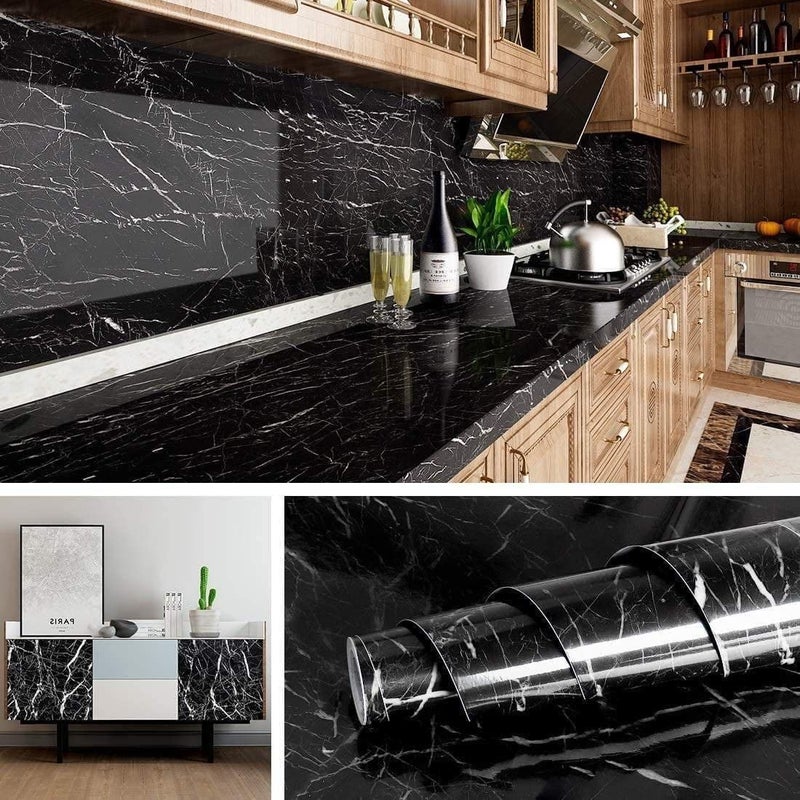 VHD Sales Kitchen Sheets for Shelves Waterproof Wallpaper Cupboard mats roll for Wardrobe Anti Slip mat for Kitchen Cabinet Shelf Liners Sheet roll for Floor Platform Fridge (Black Marble Paper) - Image 4